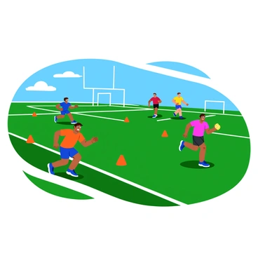 A group of rugby players in brightly colored jerseys are participating in cone drills on a green practice field. Each player is focused on maneuvering around a series of orange cones set up in a zigzag pattern. One player is sprinting forward, while another is preparing to change direction, their muscular build and athletic stance clearly visible. The field is marked with white lines, and in the background, there are goalposts at each end. The sky is blue with a few fluffy clouds, adding to the lively atmosphere of the training session.