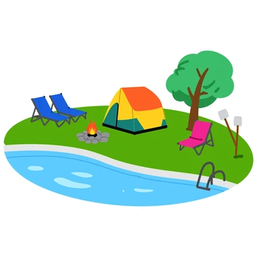 A cozy camping setup beside a pool with a tent, sleeping bags, and a small campfire