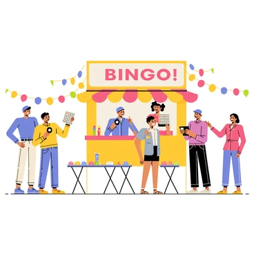 A colorful festival booth with bright decorations, including streamers and balloons, set up for a bingo game. The booth features a large, vibrant sign that says "Bingo!" in bold letters. Several excited players, including a man wearing a blue cap and a woman with a rainbow scarf, hold bingo cards and markers. The players are surrounded by small tables with colorful bingo chips scattered across them. A cheerful game host stands behind the booth, holding a bingo ball in one hand and announcing the next number.