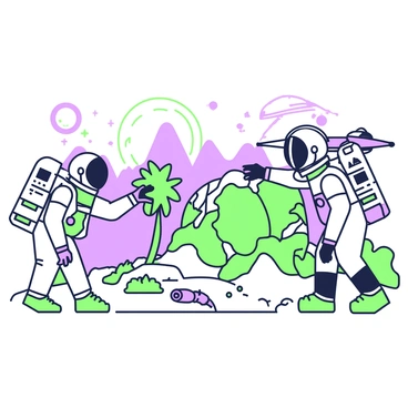 A scene depicting astronauts exploring an alien planet. Two astronauts in retro spacesuits are walking on the surface, with one pointing towards a peculiar rock formation. The ground is uneven, with various shapes and textures. Strange plants with unique structures and forms are scattered around, some resembling oversized flowers and others with spiky features. In the background, a series of colorful mountains rise under a starry sky. A large, distant planet is visible in the sky. A spacecraft is parked in the distance, with its hatch open, indicating ongoing exploration.