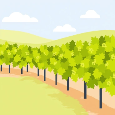 A vineyard covered with lush green grapevines stretching across rolling hills. The grapevines are dense and vibrant, adorned with clusters of tiny budding grapes in various shades of green. The leaves of the vines are a rich emerald color, casting soft shadows on the soil below. Gentle sunlight filters through the leaves, highlighting the delicate features of the budding grapes. The background features a clear blue sky with a few fluffy white clouds, enhancing the sunny atmosphere of the vineyard.