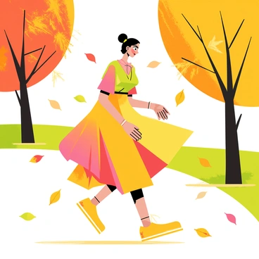 A person wearing a flowing flounce gown is walking gracefully through a park. The gown billows gently with each step, showcasing a variety of colors that complement the autumn scenery. The park is filled with vibrant orange, yellow, and red leaves that are falling from trees, creating a colorful carpet on the ground. The sunlight filters through the branches, casting dappled shadows on the path. A few scattered leaves swirl around the person as they walk, adding to the sense of movement and the beauty of the autumn day.