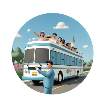 A bus driver, wearing a blue uniform and a black cap, stands at the front of a double-decker tour bus. The bus is painted with colorful sightseeing graphics and has large windows. In the background, a bright blue sky is visible, dotted with a few fluffy white clouds. The bus driver is smiling and gesturing towards a scenic view, while the passengers seated on the upper deck, wearing summer hats and sunglasses, look excited and point at landmarks in the distance. The scene conveys a lively summer atmosphere with greenery and vibrant flowers lining the route.