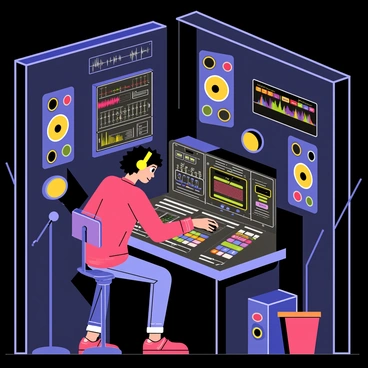 A music producer sitting in a modern high-tech studio with sleek black walls and colorful LED lights. The producer has curly black hair and wears headphones, focusing intently on a large mixing console filled with colorful buttons and sliders. Surrounding the producer are multiple screens displaying sound waveforms and audio tracks. There are speakers positioned in each corner of the room, and soundproof panels lining the walls. A microphone stand is placed nearby, ready for recording.