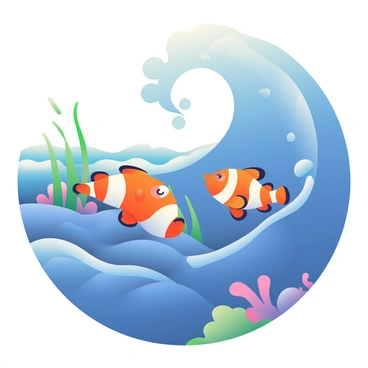 A pair of clownfish with vibrant orange and white stripes is swimming playfully in the ocean waves. The water is a deep blue, with sunlight filtering through the surface, creating a shimmering effect. The waves are tall and rolling, their crests foaming white as they crash. In the background, green seaweed sways with the tide, and a few colorful coral structures can be seen at the bottom of the ocean. The scene captures the joyful movement of the clownfish as they navigate through the high waves.