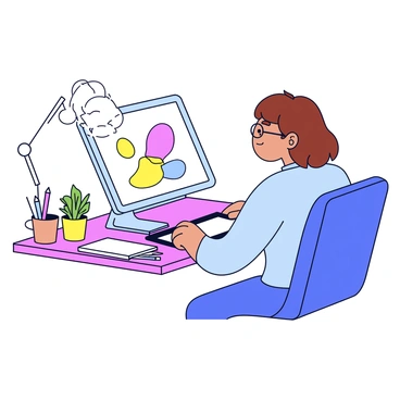 An artist sitting at a desk, focused on their work. The artist is a young woman with shoulder-length brown hair, wearing glasses, and a light blue sweater. She is using a digital tablet connected to her computer, which displays a colorful illustration on the screen. There are art supplies scattered on the desk, including colored pencils and sketchbooks. A small potted plant sits in the corner of the desk, adding a touch of greenery. The room is well-lit, with a bright lamp illuminating her workspace.
