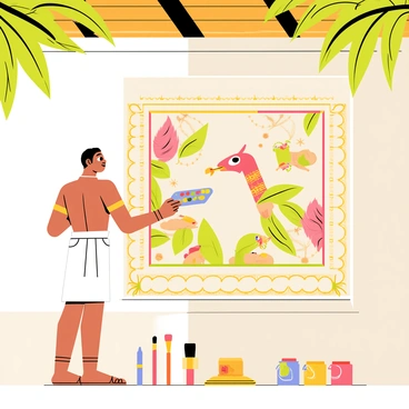 An artisan with a focused expression is carefully painting a traditional Kerala mural on a large wall. The artisan is wearing a traditional white dhoti and has a palette filled with vibrant colors. The mural features intricate designs and patterns depicting scenes from mythology, with vivid reds, greens, and golds. Brushes of various sizes are scattered on the floor around the artisan. The background shows the rustic elements of a traditional Kerala home, with wooden beams and hanging coconut leaves. The lighting emphasizes the details of the mural and the artisan's concentrated effort.