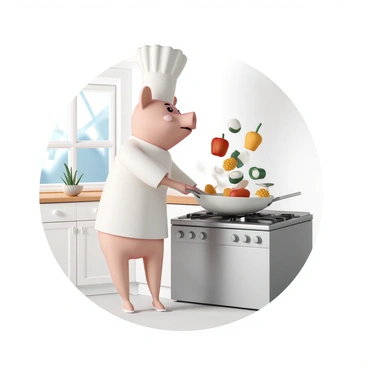 A pig, wearing a white chef's jacket and a tall chef's hat, is standing on two legs in a bright kitchen. It is tossing colorful ingredients, including bright red bell peppers, green onions, and yellow corn, into a large frying pan that is sizzling on a stove. The kitchen features shiny stainless steel appliances, white cabinets, and a window with sunlight streaming in, illuminating the scene. The pig has a focused expression, with its eyes on the frying pan as it skillfully flips the ingredients.