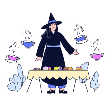A witch with long, flowing black hair is wearing a classic pointed hat and a dark robe. She is standing in the center of a whimsical setting where a tea party is taking place. Around her, several teacups are floating in mid-air, each filled with a colorful tea. A small table is set with a light-colored tablecloth, and an array of pastries and sweets are arranged neatly on it. Delicate, swirling steam rises from the teacups, creating a magical atmosphere. The background features a few trees with twisting branches, adding to the enchanting scene.
