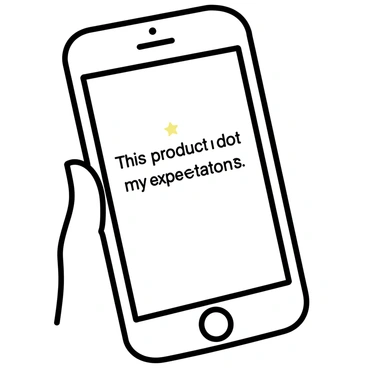 A smartphone screen displays a user interface with a text box open for writing. The text box contains a review that reads, "This product did not meet my expectations." The user's hand is visible, holding the smartphone with fingers positioned on either side of the screen. The background shows a simple desk surface, suggesting a home environment.