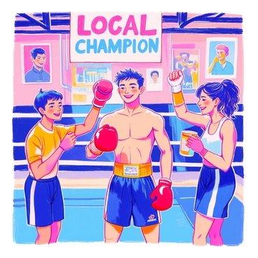 An amateur boxer with a joyful expression is standing in the center of a gym. They are wearing a red boxing glove on one hand and a championship belt around their waist. Surrounding them are three team members, all smiling and raising their fists in celebration. One team member is holding a towel, while another is pouring a sports drink into a cup. The walls of the gym are decorated with posters of famous boxers, and a large banner hanging above reads "Local Champion."