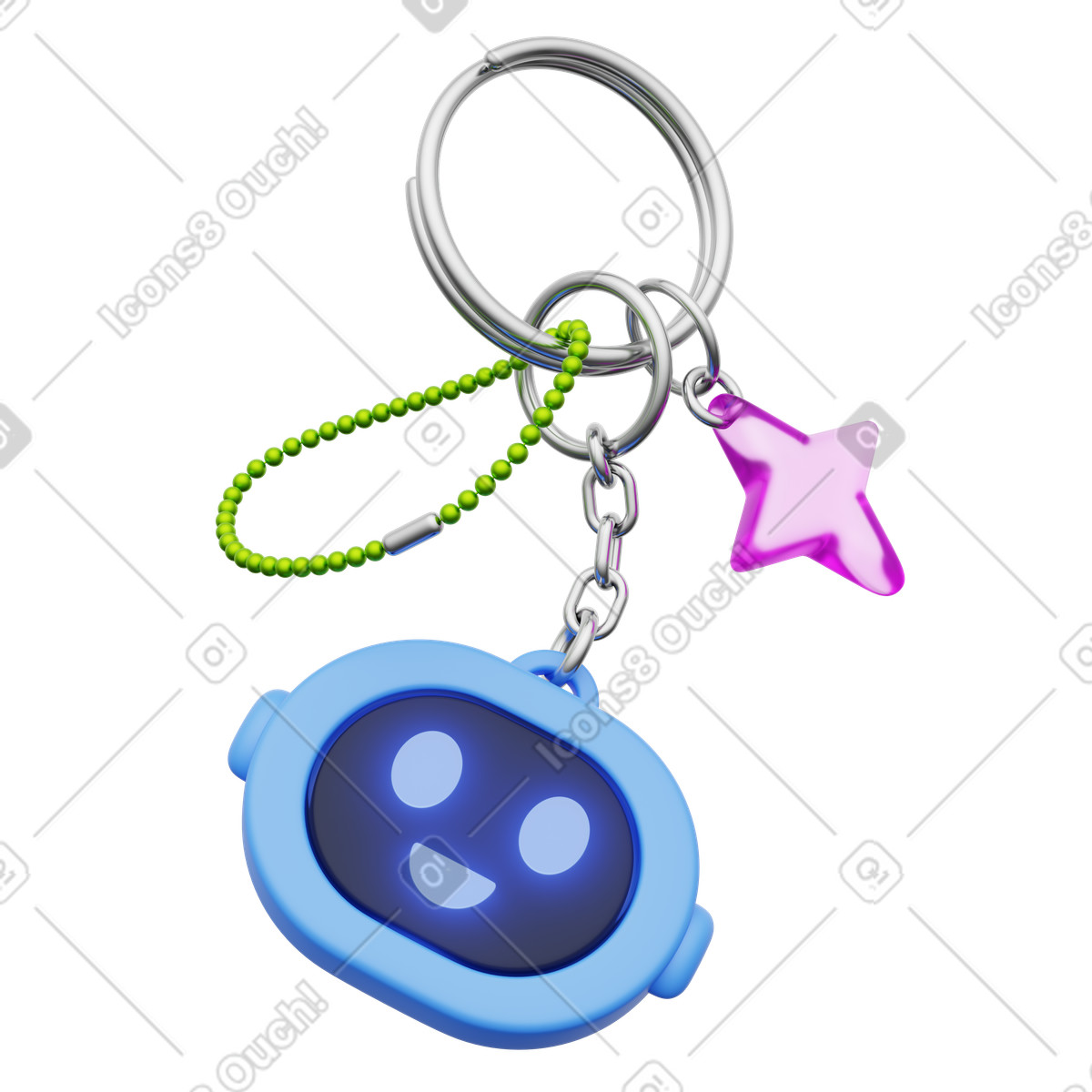 Portachiavi a forma di testa di robot con stella sul portachiavi, gadget tecnologici e accessori illustrazione in stile 3D Playful scarica in PNG, SVG