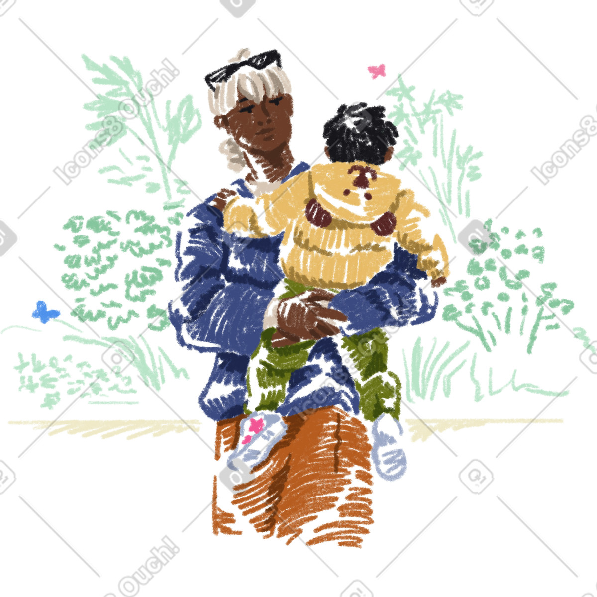 Ilustración Mujer joven caminando con su hijo en estilo Sketchbook a descargar en PNG y SVG