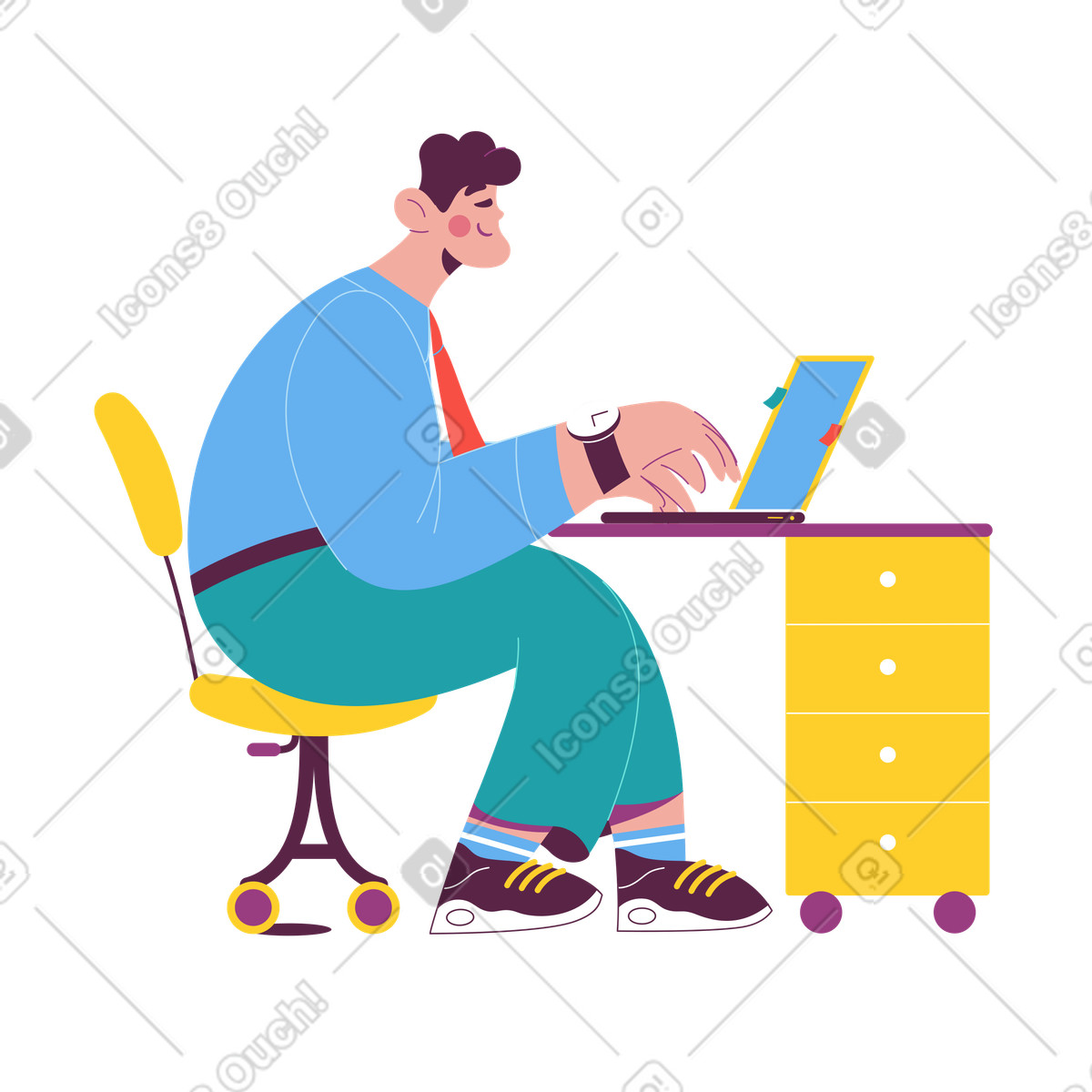 Mann, der auf laptop tippt animierte Illustration im Sammy-Stil als Download in GIF, Lottie (JSON), AE