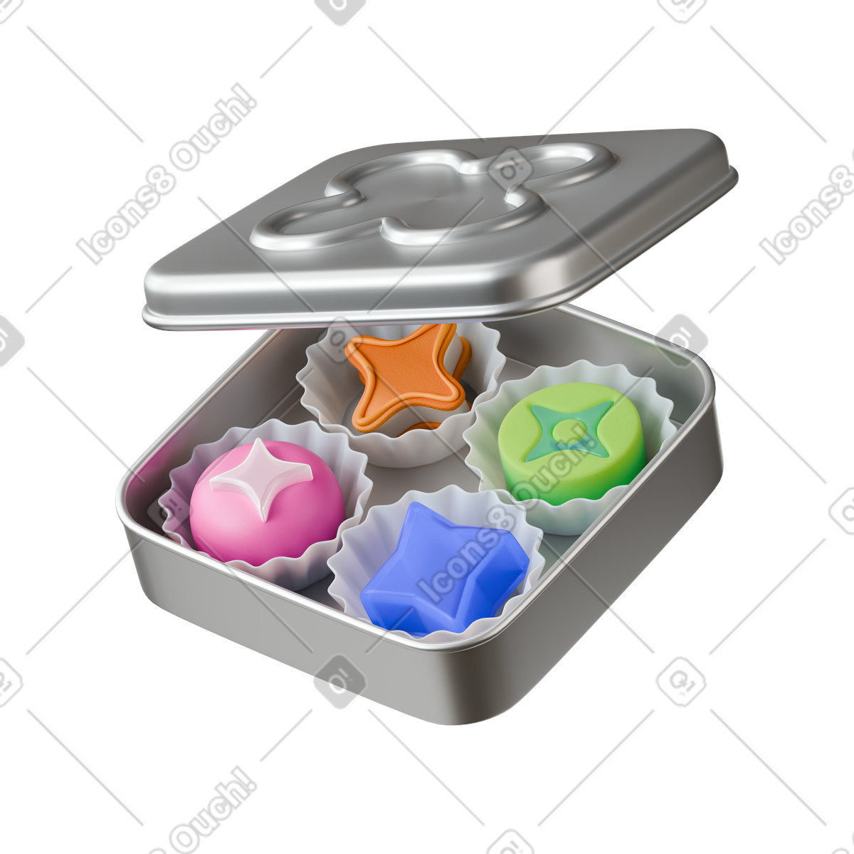 Ilustração de Box of colorful star and round candies in paper cups em no estilo 3D Stickle para baixar em PNG, SVG