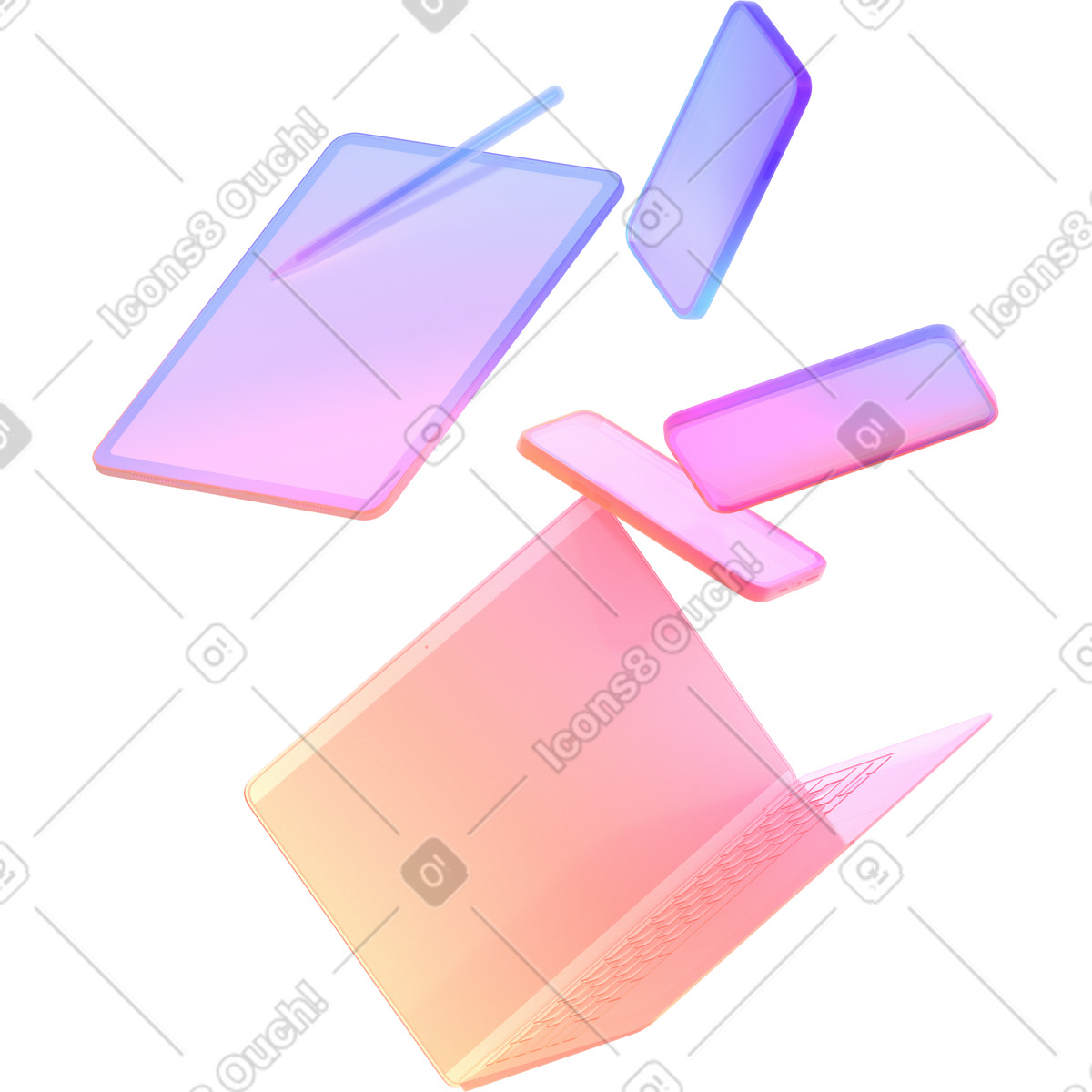 Dispositivi al neon che cadono con ombre riflettenti illustrazione in stile 3D Glassy scarica in PNG, SVG