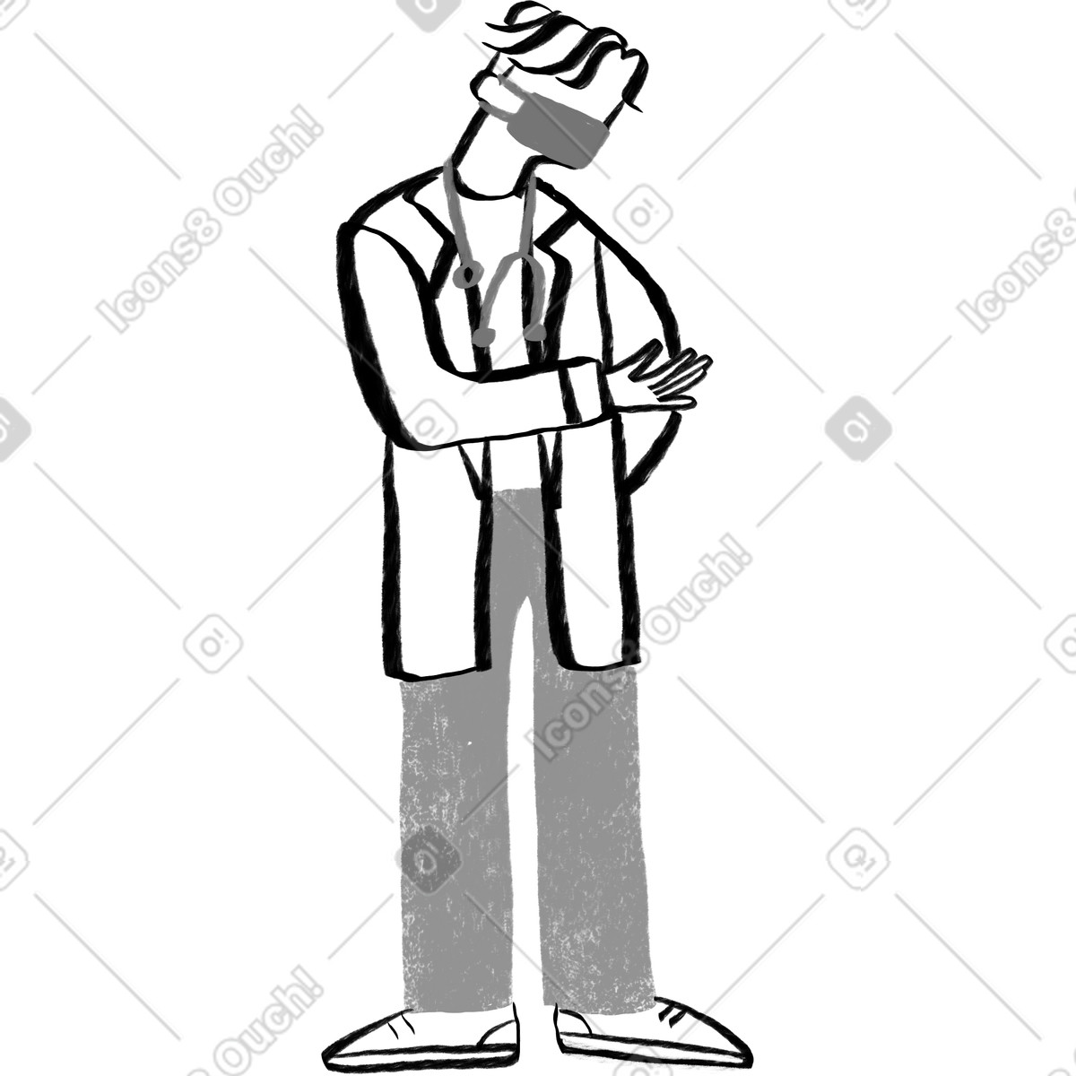 下载 Company 风格的 Black and white male doctor showing at something with his hand 插画，支持 PNG、SVG 格式
