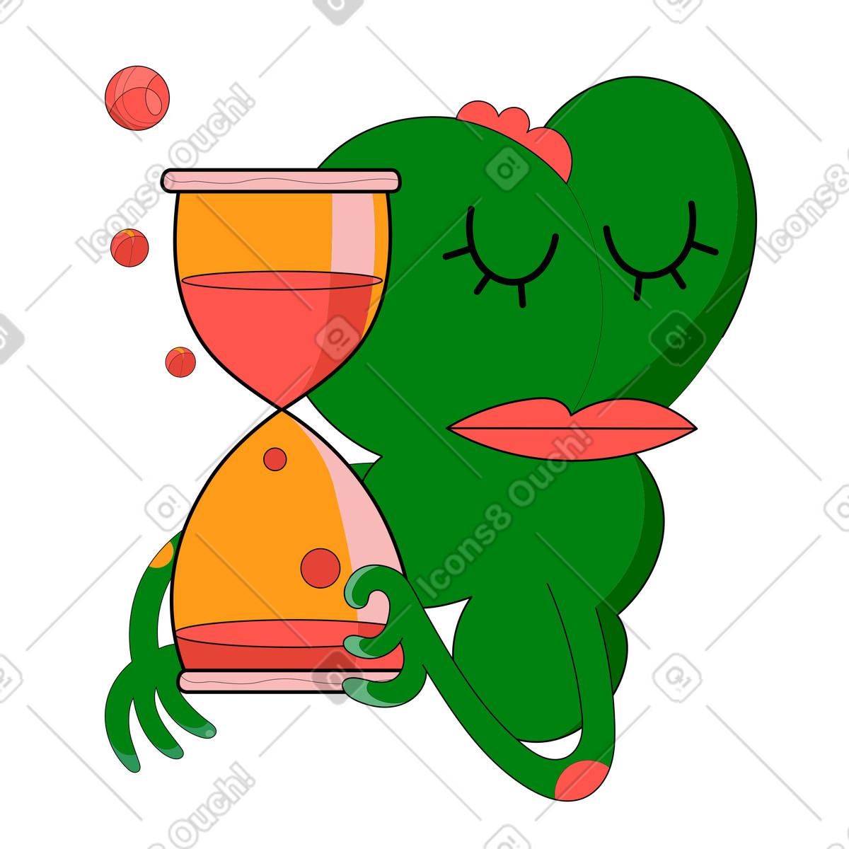 Ilustração de Criatura verde esperando com ampulheta em no estilo Surr para baixar em PNG, SVG