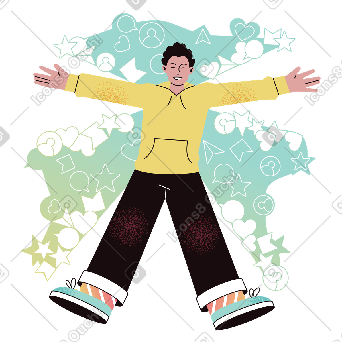 Delight スタイルの User making snow angel in pile of social media icons, Online engagement or digital creativity のイラストをPNG、SVG形式でダウンロード