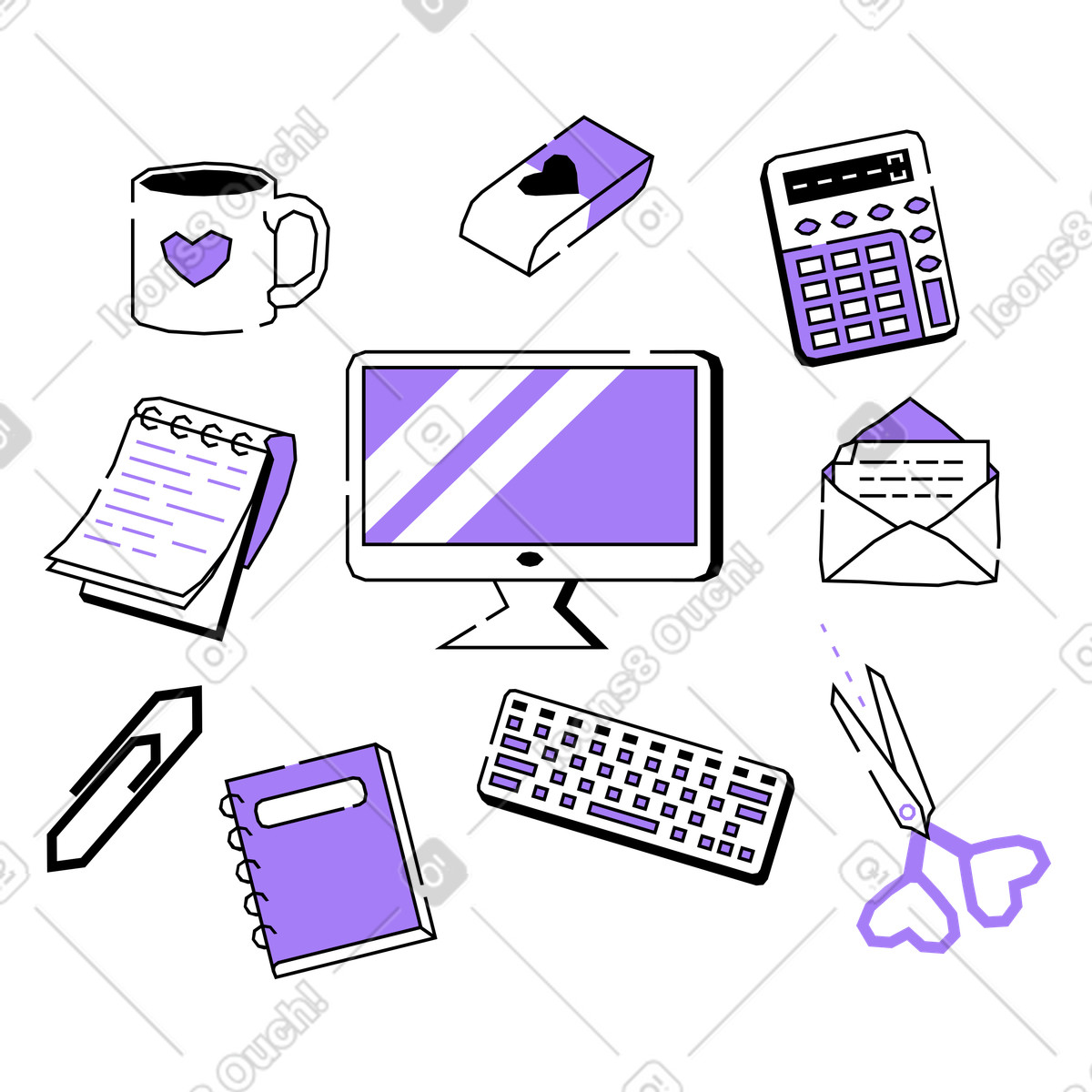 Office items with computer and stationery illustration in Amethyst style download in PNG, SVG