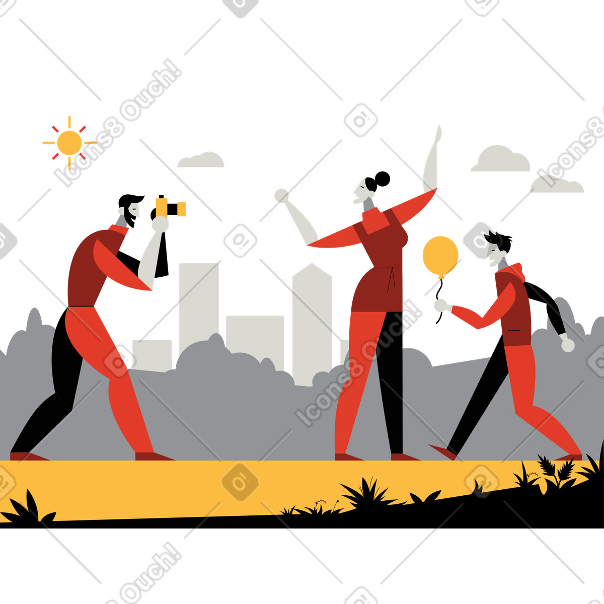 Famiglia che scatta foto insieme all'esterno illustrazione in stile Burgundy scarica in PNG, SVG