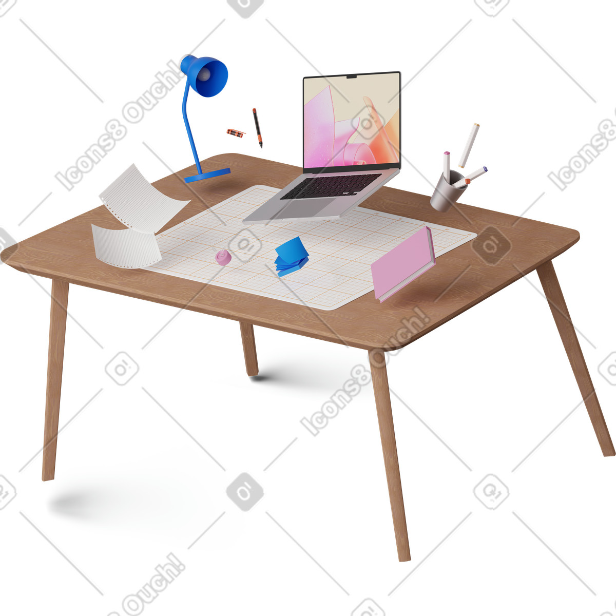 Isometric view of a levitating office desk illustration featuring laptop and documents clipart GIF