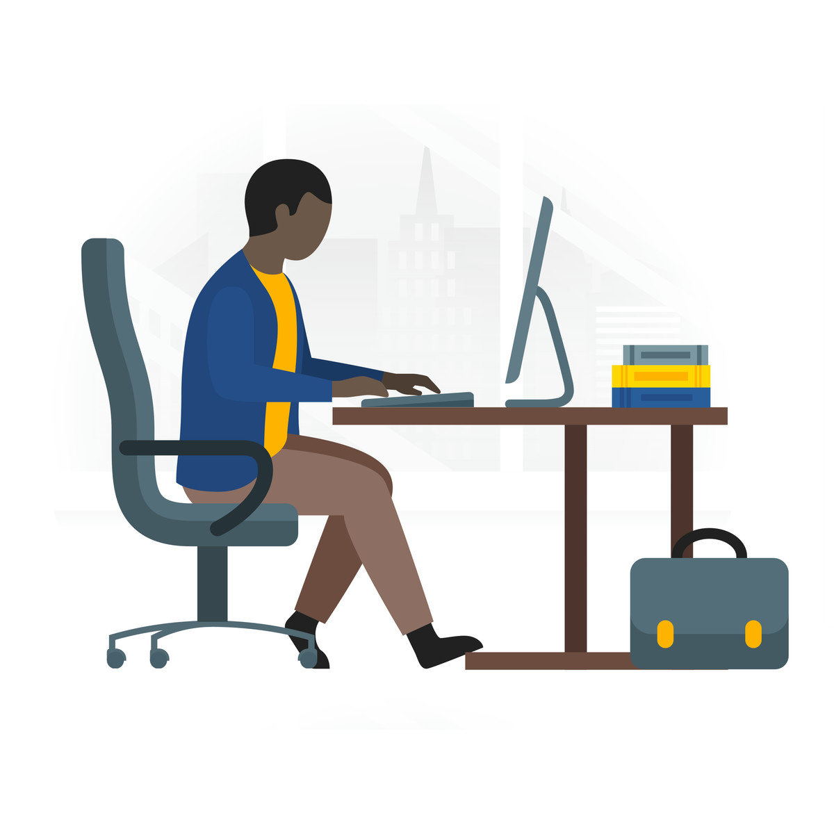 Fogg スタイルの Man working on computer in the office のイラストをPNG、SVG形式でダウンロード