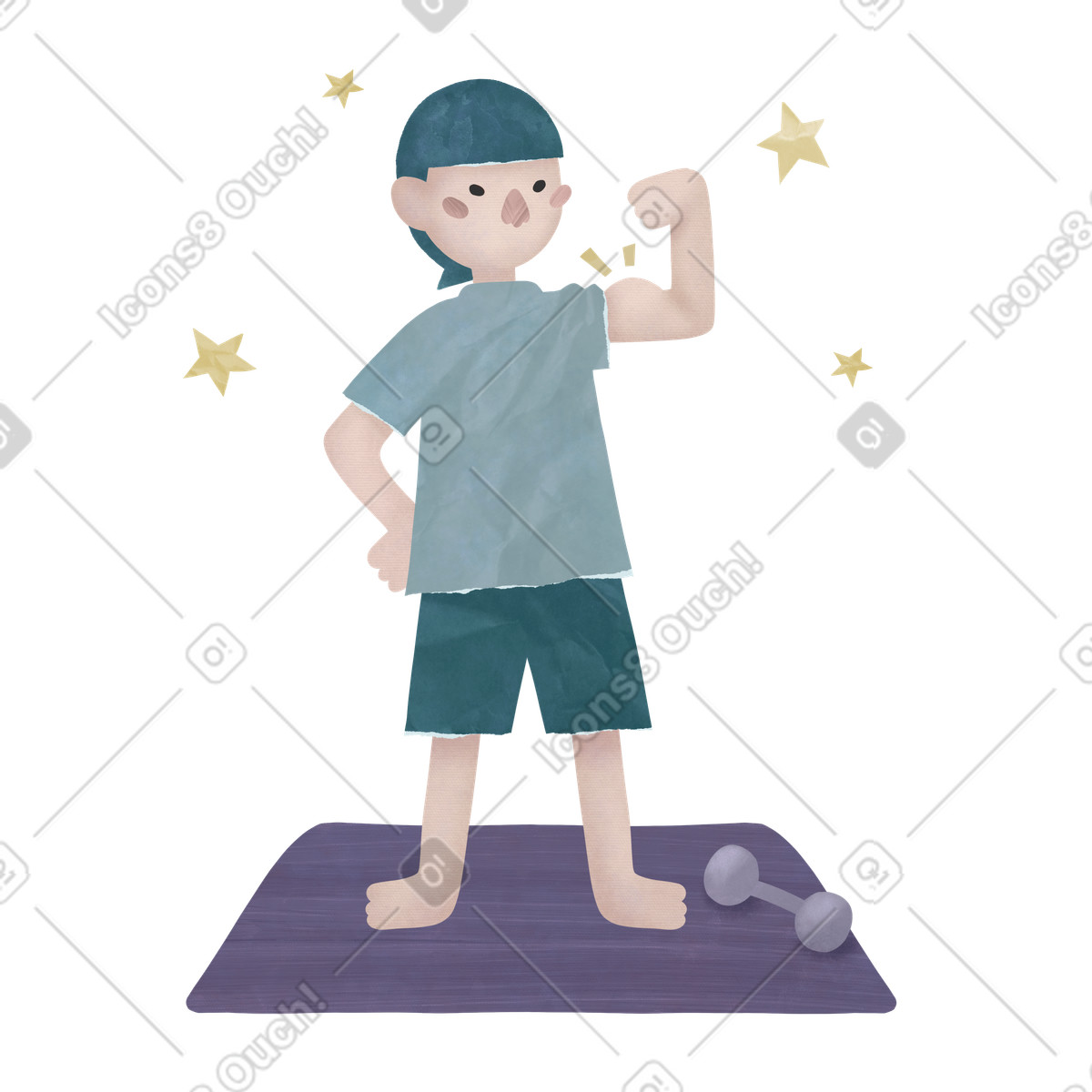 Ilustração de Menino se exercitando com halteres e flexionando os músculos em no estilo Papery para baixar em PNG, SVG
