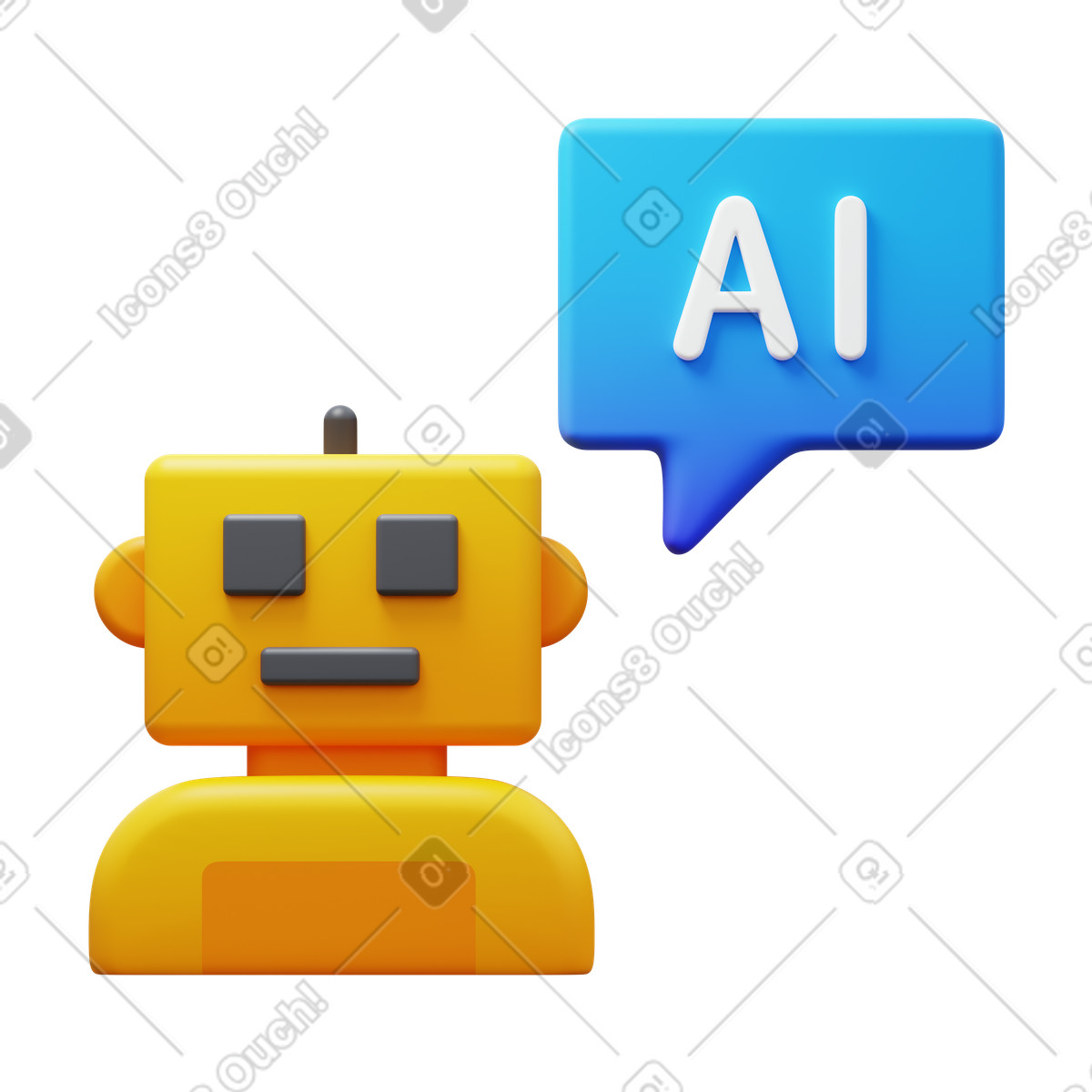 下载 3D Fluency 风格的 Customer support chatbot robot with ai text notification symbol 插画，支持 PNG、SVG 格式