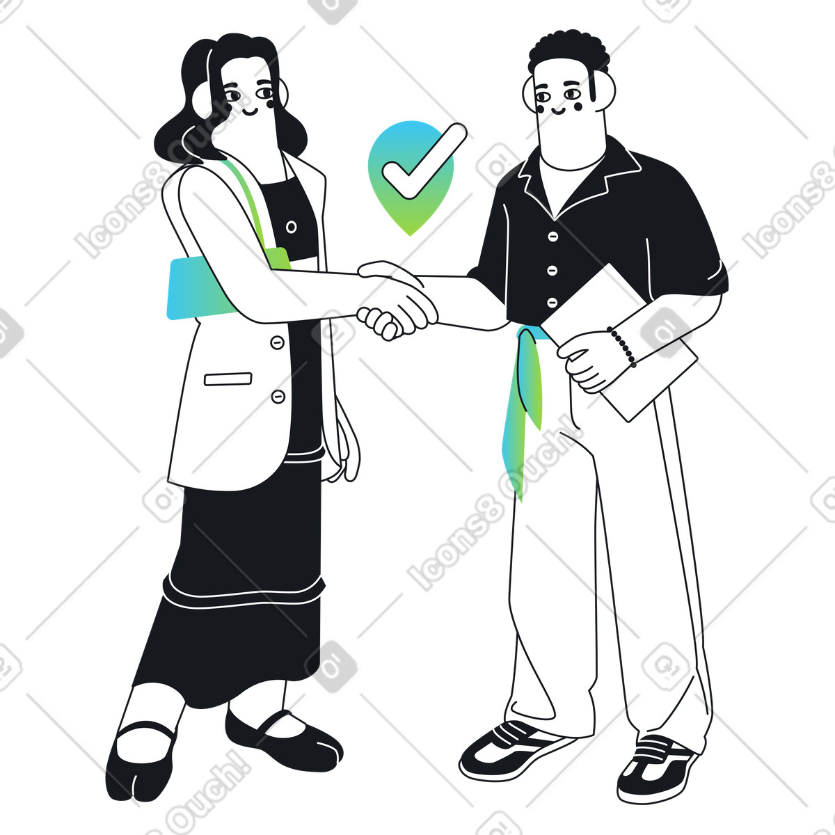Colleagues shaking hands illustration with check mark clipart for partnership PNG, SVG, GIF