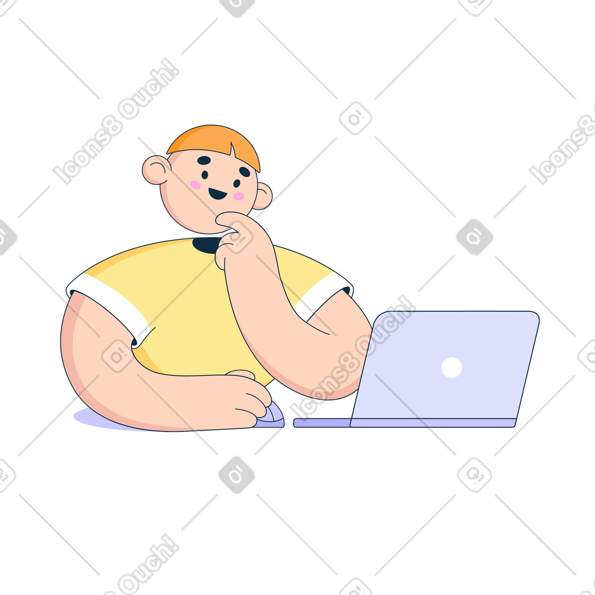 Man looking at laptop and thinking illustration in Bubble gum style download in PNG, SVG