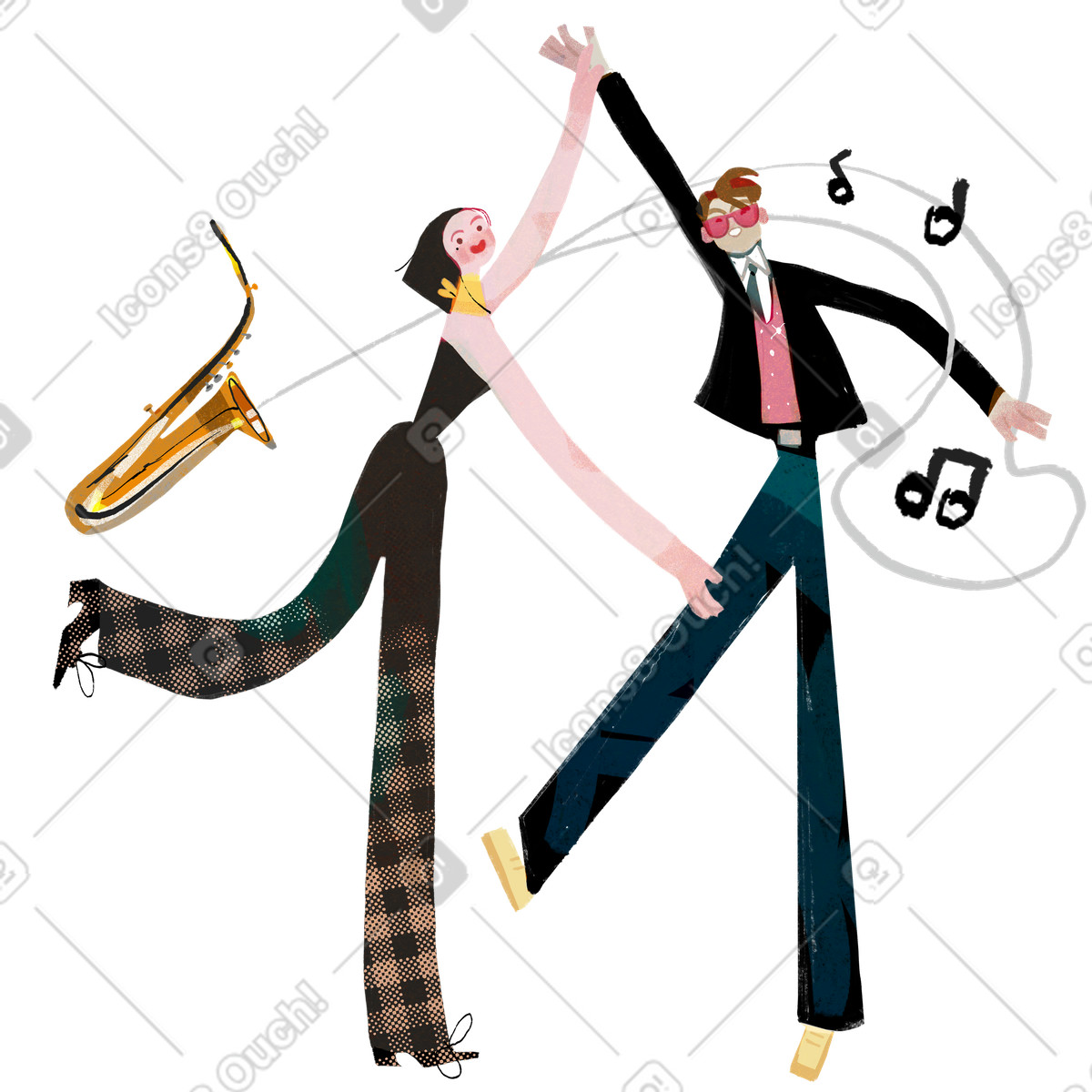 Ilustración Hombre y mujer bailando música jazz. en estilo Fabulous a descargar en PNG SVG