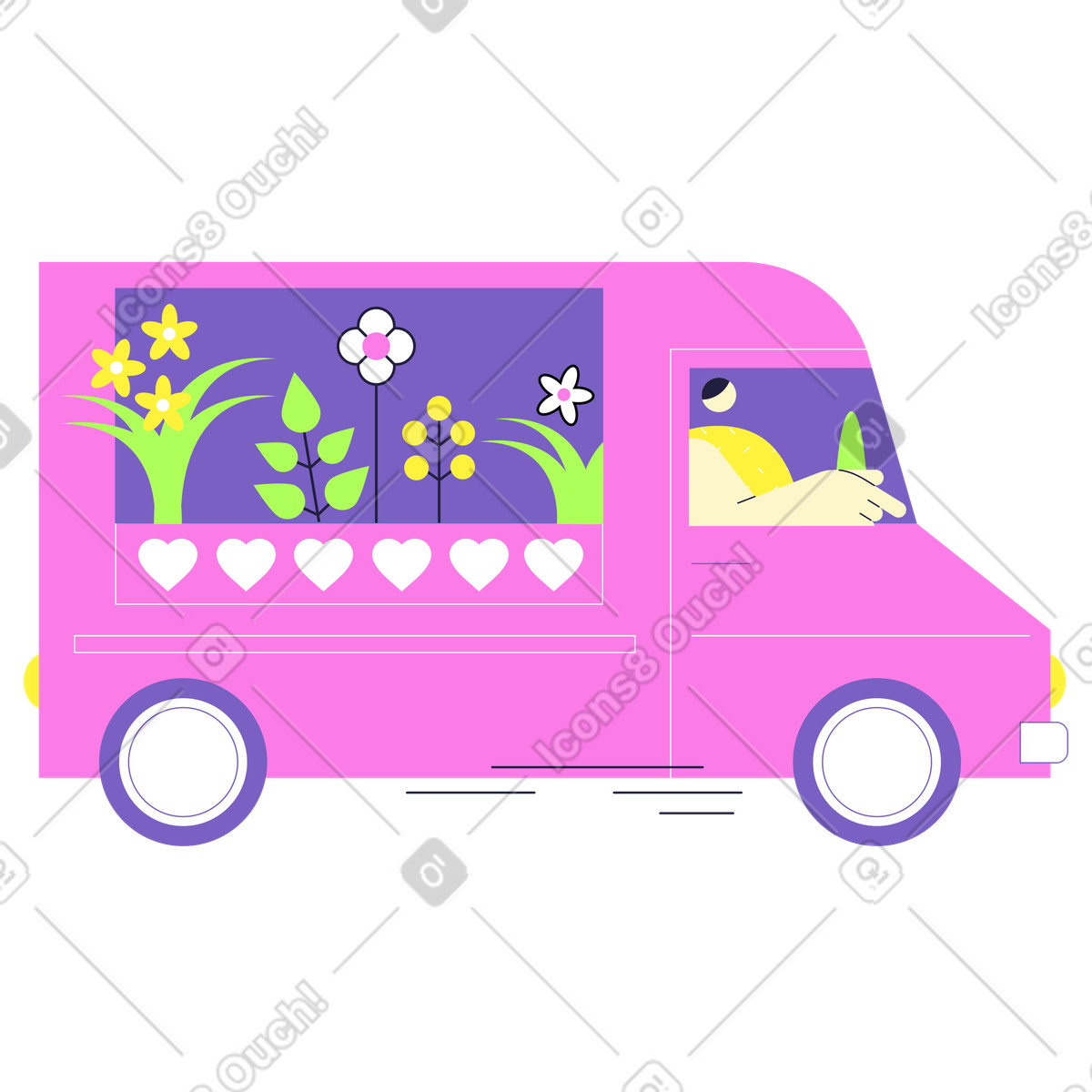 Ilustração de Man driving a delivery van with flowers em no estilo Mellow para baixar em PNG, SVG