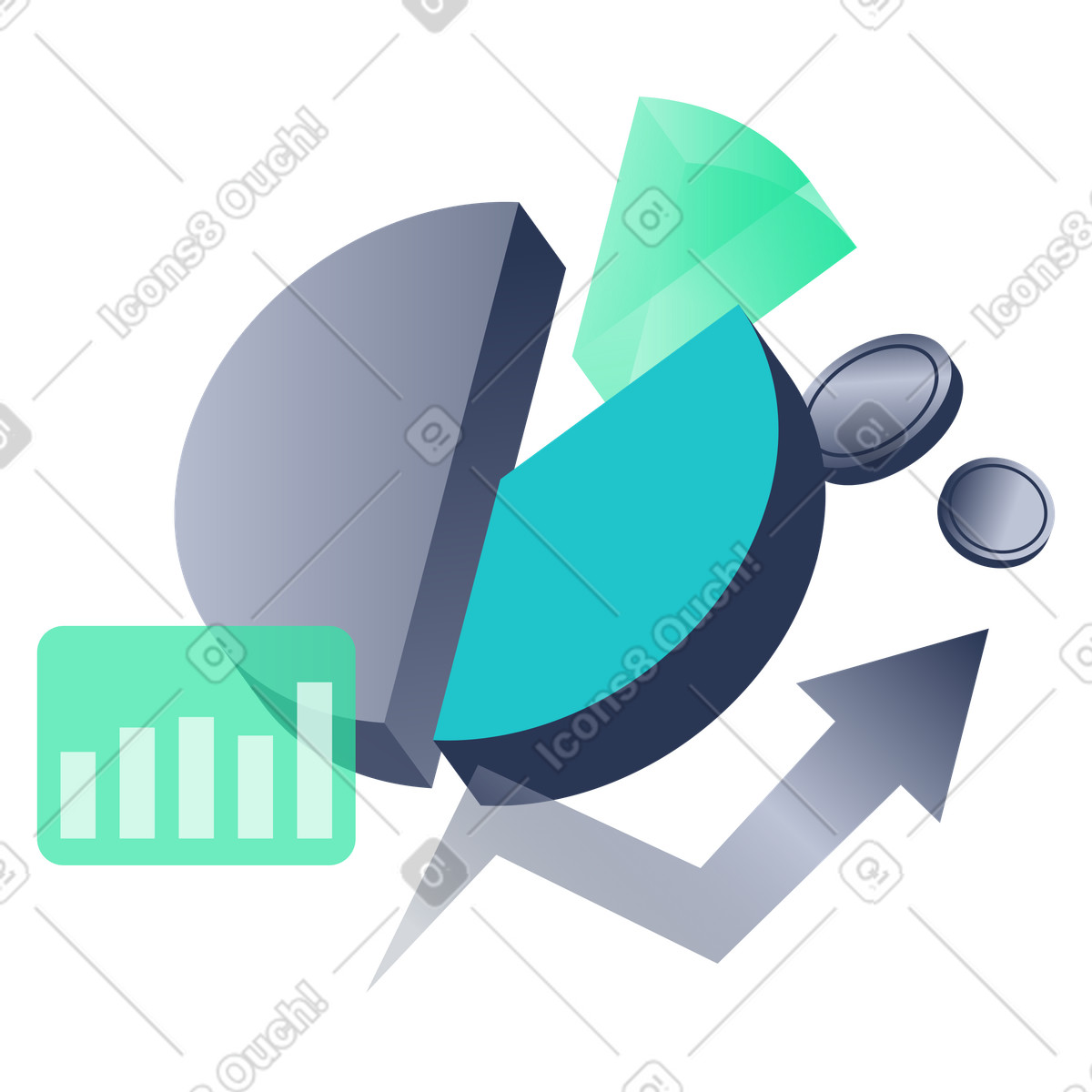 Gr&aacute;fico circular con flecha ascendente y monedas, an&aacute;lisis del crecimiento empresarial, m&eacute;tricas de rendimiento financiero illustration in Lucent style download in PNG, SVG