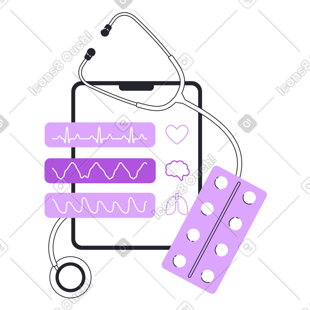 Ilustração de Verifique os resultados no tablet com estetoscópio e pílulas em estilo Grapy para baixar em PNG, SVG