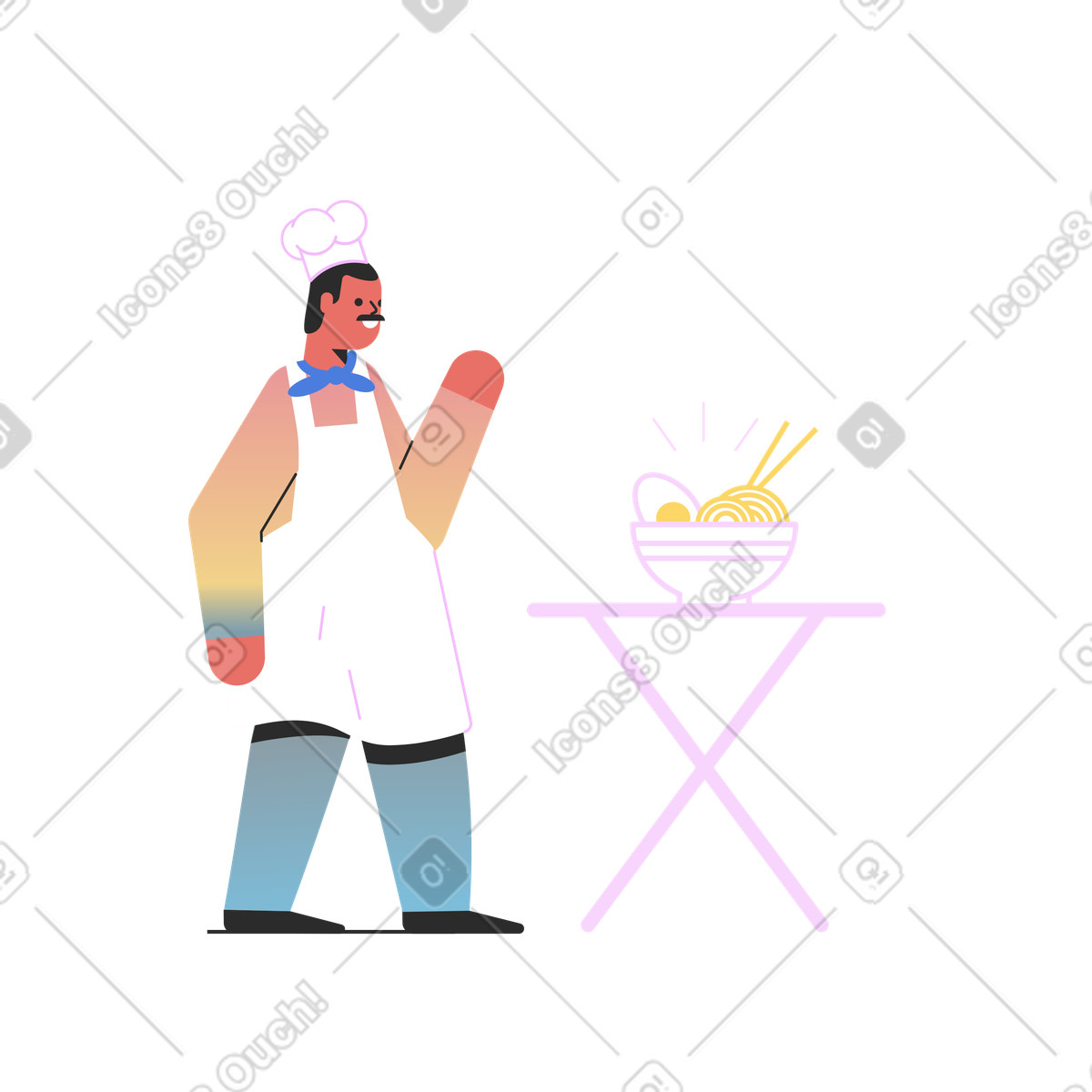Ilustración Chef masculino cocinando huevos y fideos en estilo Marginalia a descargar en PNG SVG