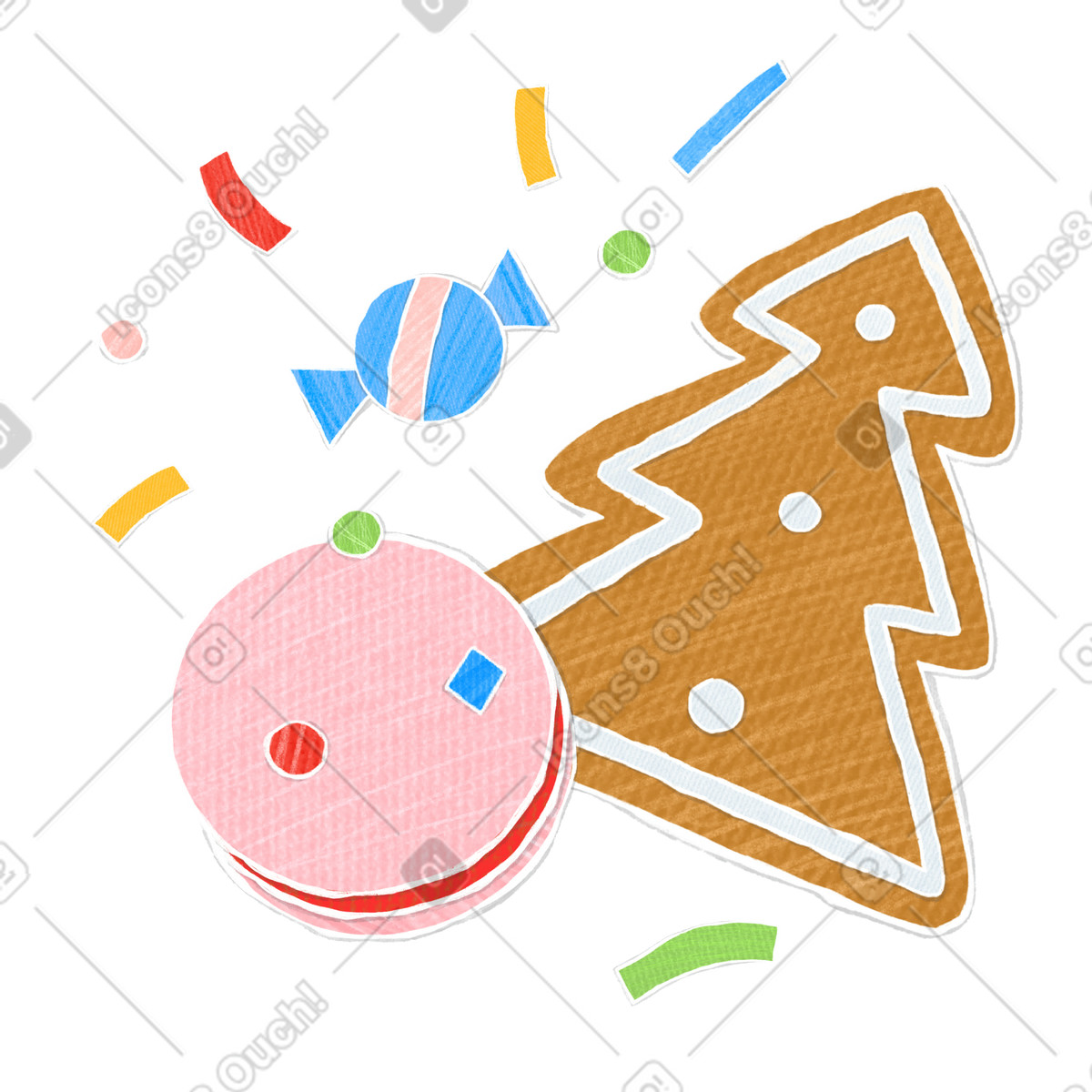 Christmas candy set of gingerbread in the shape a tree and macaroons-Illustration im Crafty-Stil als Download PNG, SVG