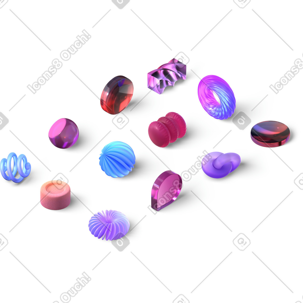 3D Glassy スタイルの Gems and abstract shapes in vibrant colors のイラストをPNG、SVG形式でダウンロード