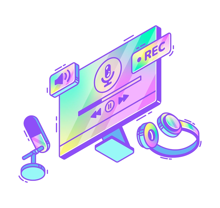 A computer screen with recording elements - Holographic style illustration