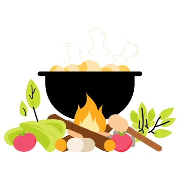 A large black pot bubbling over a campfire with bright orange flames. The pot is filled with a steaming mixture, giving off wisps of steam. Surrounding the pot are fresh ingredients including vibrant green vegetables like bell peppers and zucchini, bright red tomatoes, and a bunch of aromatic herbs. A few wooden spoons and a cutting board are positioned nearby, adding to the outdoor cooking scene. The background shows a few trees with green leaves, hinting at a forest setting.