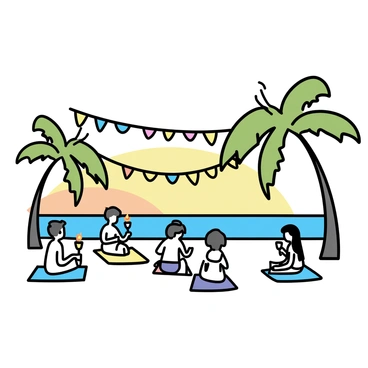 A beach party scene featuring colorful strings of bunting hanging between palm trees. Several tiki torches are placed around the area, their flames flickering softly in the evening breeze. People are gathered on the sand, some sitting on beach towels and others standing, holding drinks. The ocean is visible in the background under a gradient sky transitioning from orange to deep blue as the sun sets.