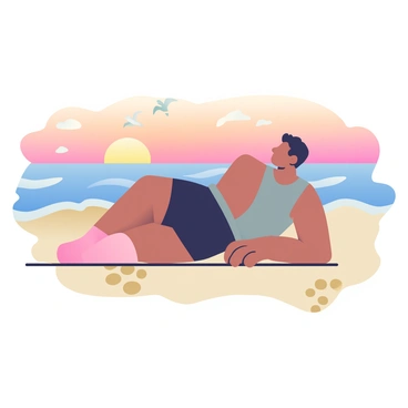 A man with tanned skin and short black hair is positioned on the sand by the beach, performing push-ups. He is wearing a fitted gray tank top and black athletic shorts. The sun is setting in the background, casting warm hues of orange and pink across the sky. Gentle waves are lapping at the shore, and footprints in the sand lead towards the water's edge. A few seagulls are flying in the distance, silhouetted against the colorful sky.