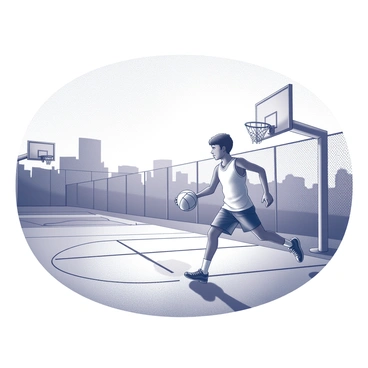 A young athlete is practicing dribbling a basketball on an empty street basketball court. The player is wearing a sleeveless sports jersey and shorts, showcasing athletic shoes that are firmly planted on the polished wooden floor of the court. The ball is bouncing rhythmically as the athlete maneuvers, with focused determination visible on their face. In the background, the silhouettes of basketball hoops are framed against a sunset sky, where the light creates long shadows on the ground. The court is surrounded by a chain-link fence, adding to the sense of isolation in the setting.