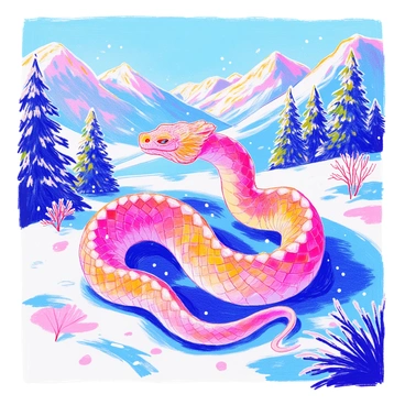 Jormungandr, the colossal serpent, is coiled up in a snowy landscape. Its scales are iridescent, reflecting the bright winter sunlight, creating a shimmering effect. The snow around it is pristine and untouched, with small snowflakes gently falling from the pale blue sky. In the distance, icy mountains rise, their peaks capped with gleaming snow. A few evergreen trees are scattered throughout the scene, their branches heavy with snow. The atmosphere is calm, capturing the majestic presence of the serpent amidst the winter wonderland.