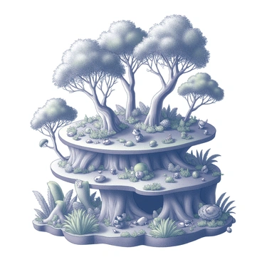 A lush rainforest ecosystem is depicted with a rich variety of layers. The upper canopy is densely populated with towering trees, their branches intertwining and creating a thick ceiling. Below, the understory features smaller trees and shrubs, with large green leaves catching glimpses of sunlight filtering through. The forest floor is covered with a mix of ferns, moss, and fallen leaves, creating a textured carpet. Various animals such as birds, insects, and small mammals can be seen nestled within their respective layers, emphasizing the vibrant life within this ecosystem.