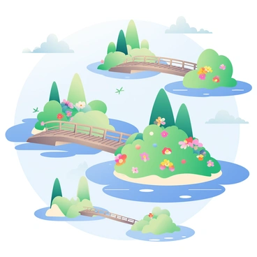 A series of islands with lush green vegetation are floating in a bright blue sky. Each island features vibrant, colorful flowers and tall trees. Connecting these islands are several wooden bridges with railings, extending from one island to another. The bridges are made of weathered wood, showing signs of age and use. Fluffy white clouds are scattered throughout the sky, casting soft shadows on the islands below. Birds can be seen flying between the islands, adding life to the scene.