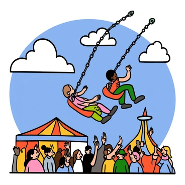 A carnival ride swing with bright, colorful seats swaying back and forth. The swing is unbalanced, causing it to move erratically in the wind. The sky is blue with fluffy white clouds, and the vibrant colors of the carnival around it include red, yellow, and green decorations. The swing's chains glint in the sunlight, adding a sense of motion and energy to the scene. The ground below is filled with lively carnival attendees, some looking up at the swing in surprise.
