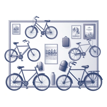 An illustration board displaying a charming arrangement of vintage bicycles. Various bike models, each with distinct designs, are positioned throughout the board. Accessories such as leather saddlebags, old-style helmets, and retro water bottles are carefully placed alongside the bicycles. The textures and details of the bicycles, like spokes, handlebars, and frames, are emphasized. A few colorful posters featuring bicycle races and scenic rides complement the composition. The overall scene conveys a nostalgic theme, inviting viewers to appreciate the beauty of classic cycling culture.