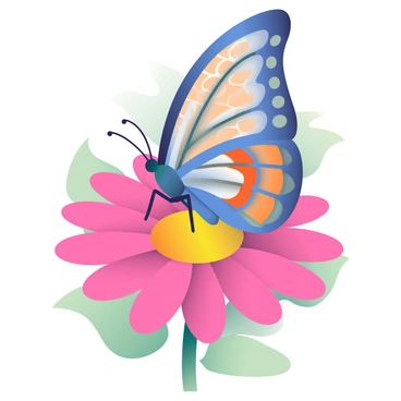 A close-up of a butterfly with large, colorful wings is resting on a vibrant flower. The butterfly has intricate patterns in shades of blue and orange on its wings, which are fully opened. The flower beneath it is a bright pink daisy with yellow center, and its petals are slightly glistening with morning dew. The background features soft green foliage, enhancing the vivid colors of the butterfly and the flower. The scene captures the delicate beauty of nature.