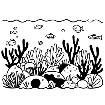 An underwater scene featuring an extensive coral reef with various shapes and textures. Different species of fish swim amongst the corals, showcasing a variety of sizes and patterns. Some fish are darting in and out of the coral formations, while others are gathered in small schools. The water is indicated by gentle wave-like lines above the reef, creating a sense of movement. The entire scene is rendered in intricate black-and-white line art, emphasizing the details of the coral and the fish.